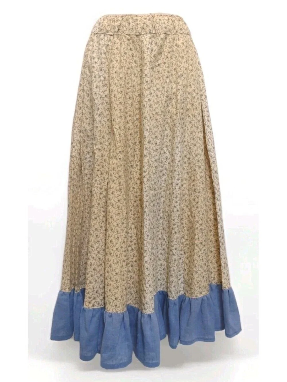 VTG 70s Prairie Maxi Skirt Cottagecore Calico Floral Blue Ruffle Boho Romantic M